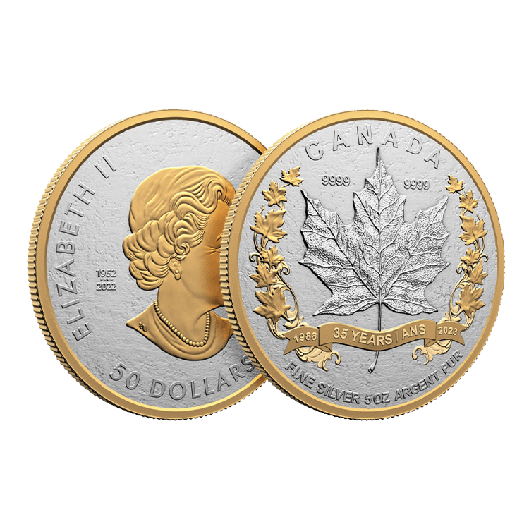 5 troy ounce zilveren munt Maple Leaf 35 jarig jubileum 2023 Proof perspectief 1