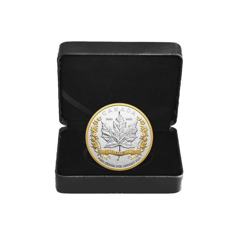 5 troy ounce zilveren munt Maple Leaf 35 jarig jubileum 2023 Proof perspectief 2