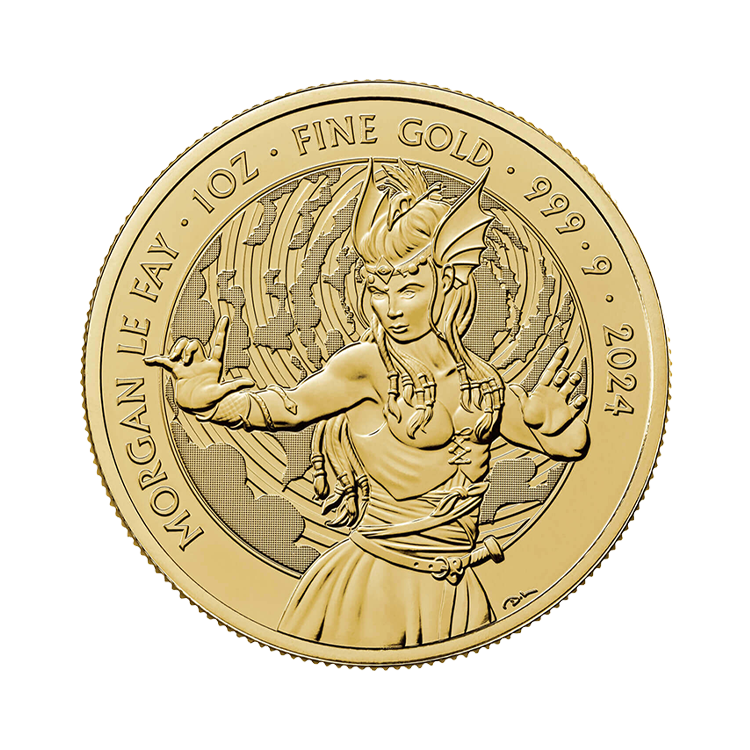 1 troy ounce gouden Morgan Le Fay munt 2024 voorkant