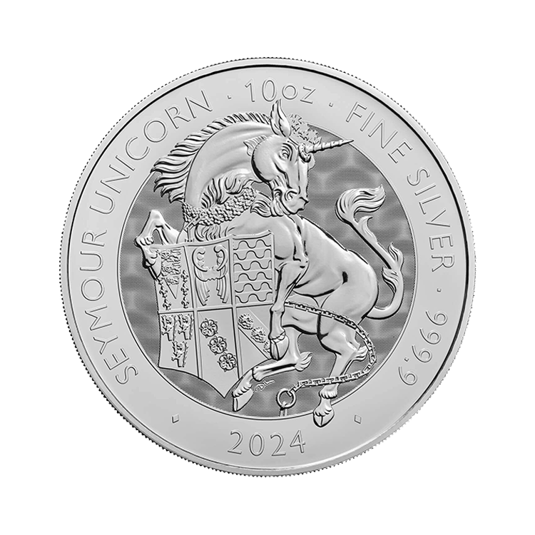 10 troy ounce zilveren munt Tudor Beasts Seymour Unicorn 2024 Proof voorkant