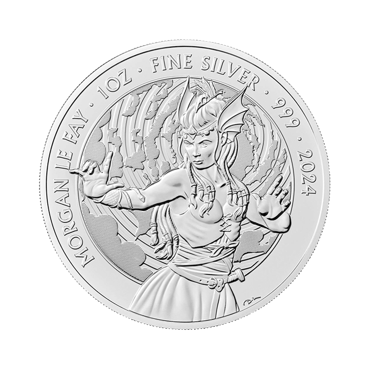 1 troy ounce zilveren Morgan Le Fay munt 2024 voorkant