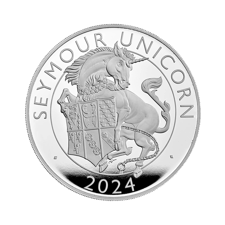 1 troy ounce zilveren munt Tudor Beasts Seymour Unicorn 2024 Proof voorkant