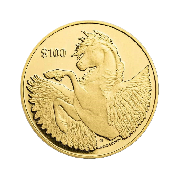 1 troy ounce gouden munt Pegasus 2023 voorkant