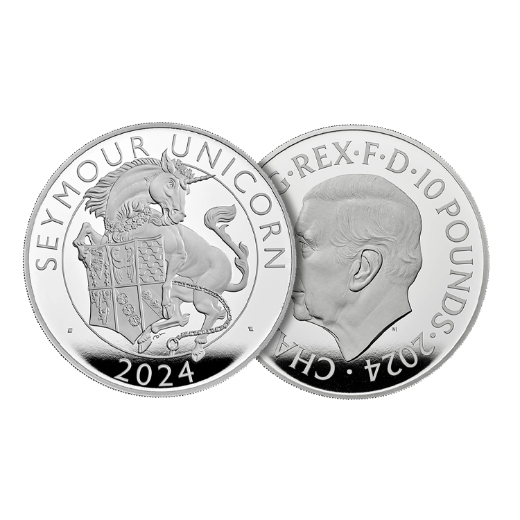 5 troy ounce zilveren munt Tudor Beasts Seymour Unicorn 2024 Proof perspectief 1
