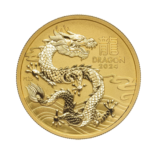 1 troy ounce gouden munt Lunar 2024 voorkant
