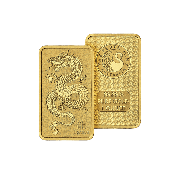 1 troy ounce goudbaar Year of the Dragon 2024 perspectief 1