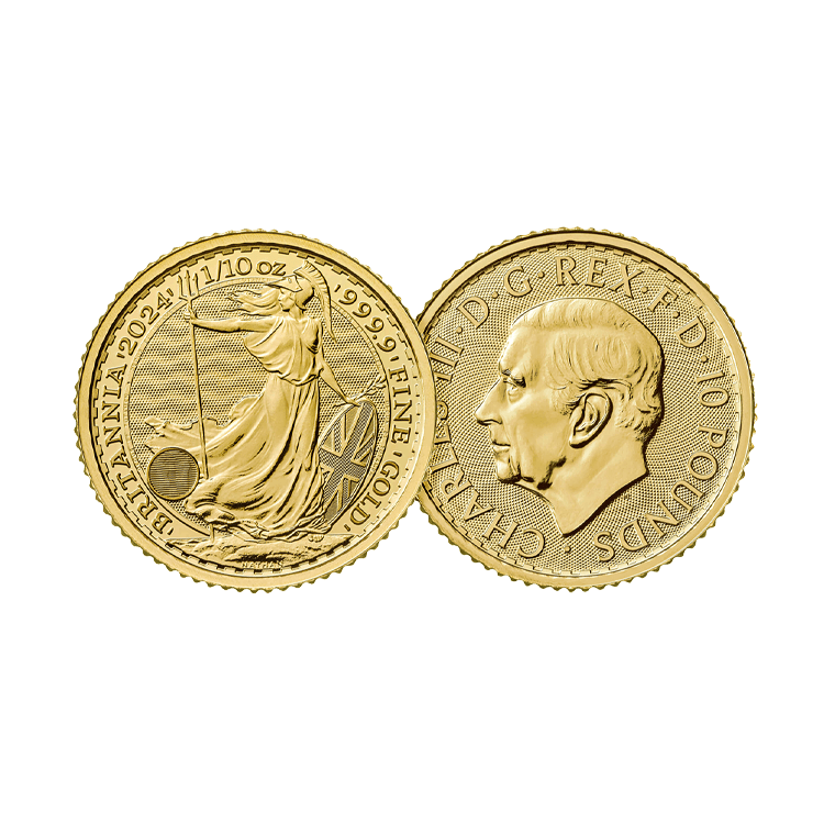 1/10 Troy ounce golden coin Britannia 2024 angle 1