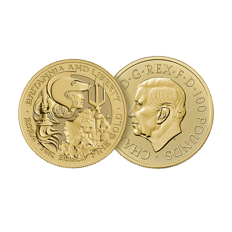 1 troy ounce gouden munt Britannia and Liberty 2024 perspectief 1