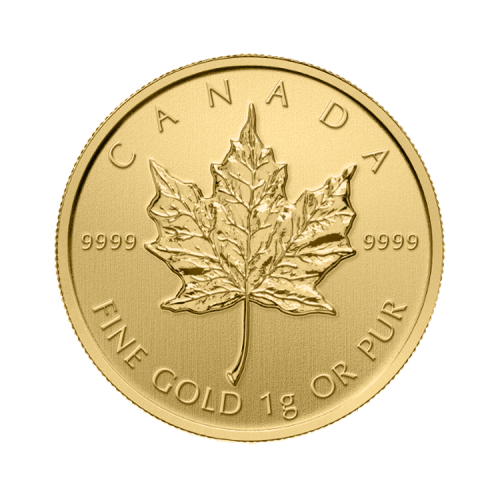 1 gram gold Maple Leaf coin front