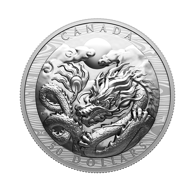 100 gram zilveren $50 Year of the Dragon munt 2024 proof voorkant