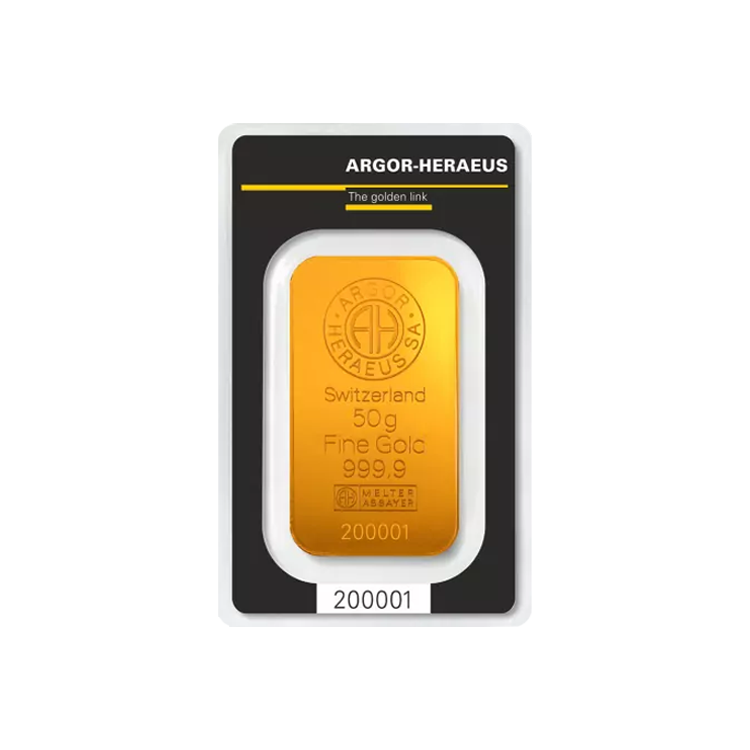 50 gram goudbaar Argor-Heraeus voorkant