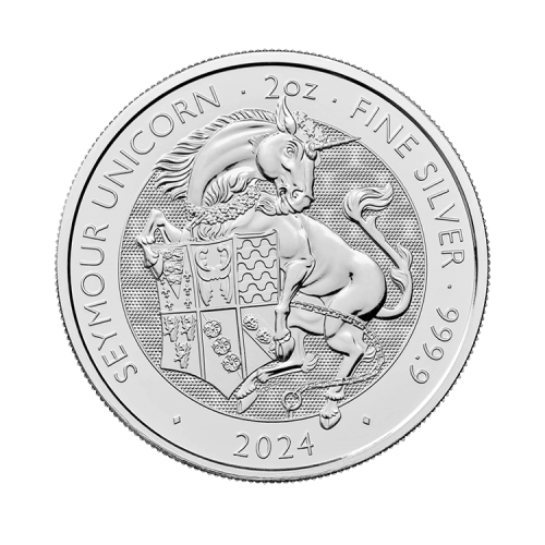 2 troy ounce zilveren munt Tudor Beasts Seymour Unicorn 2024 voorkant