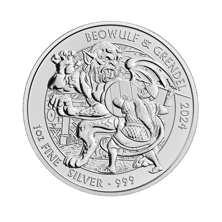 1 troy ounce zilveren munt Beowulf en Grendel 2024 voorkant