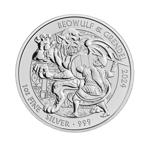 1 troy ounce zilveren munt Beowulf en Grendel 2024 voorkant