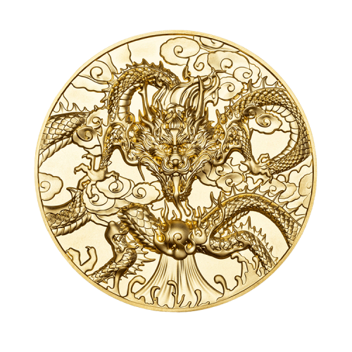 5 troy ounce zilveren dragon art munt 2024 verguld voorkant