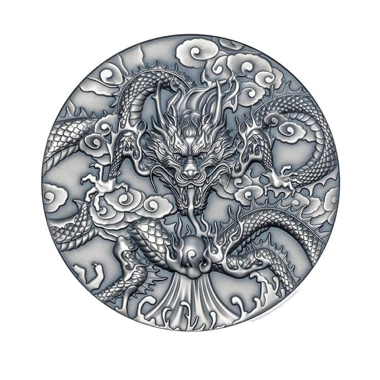 5 troy ounce zilveren dragon art munt 2024 antieke afwerking voorkant