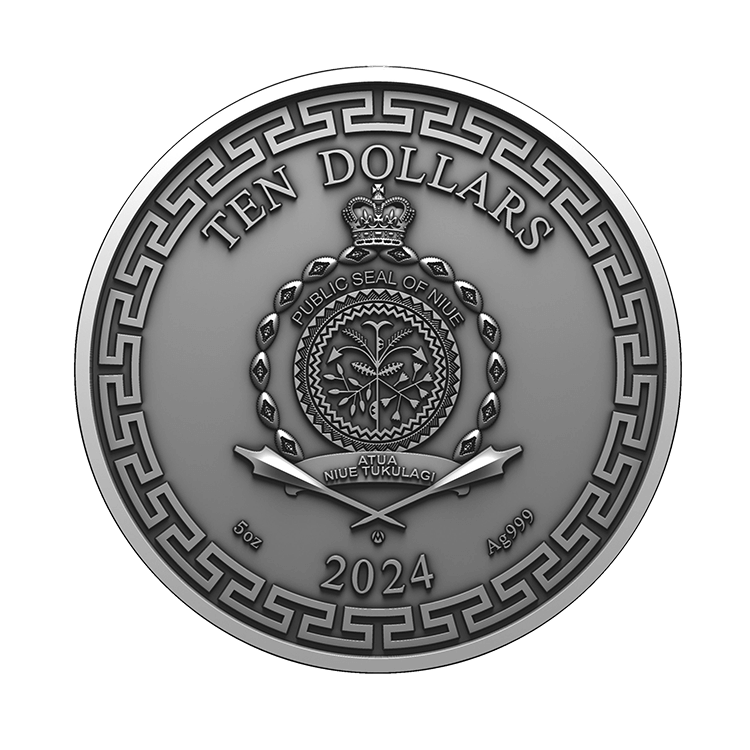 5 troy ounce zilveren dragon art munt 2024 antieke afwerking achterkant