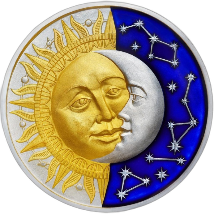 2 Troy ounce silver coin Sun and Moon front