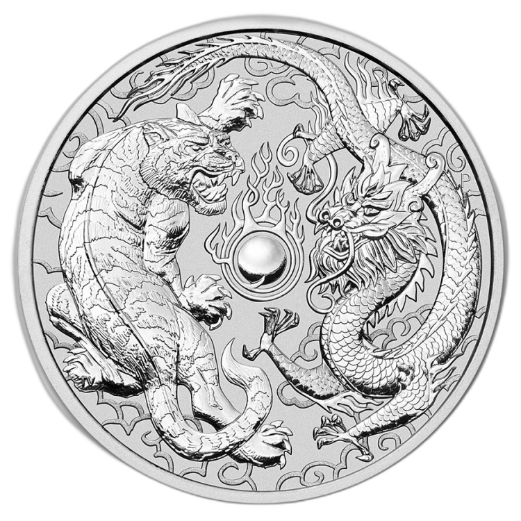 1 Troy ounce zilveren munt Dragon and Tiger 2018 voorkant