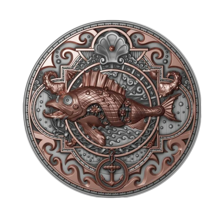 2 troy ounce zilveren munt Metal Fish Steampunk - antieke afwerking 2022 voorkant