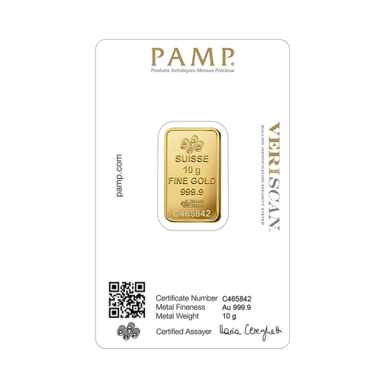 Achterkant 10 gram goudbaar Pamp Suisse Fortuna