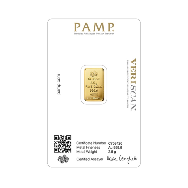 2,5 grams gold bar Pamp Suisse Fortuna back