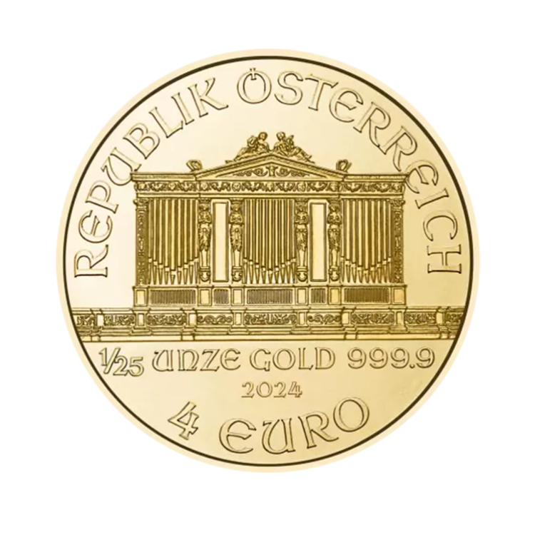 1/25 troy ounce gouden Wiener Philharmoniker munt 2023 of 2024 achterkant