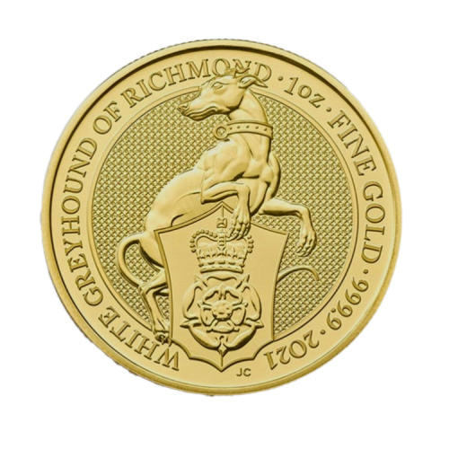 1 troy ounce gold Queens Beasts White Greyhound coin  2021 front