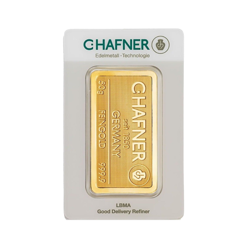 Gold bar 50 grams C. Hafner front