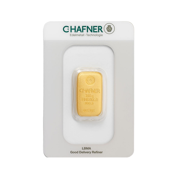 Gold bar 250 grams C. Hafner front