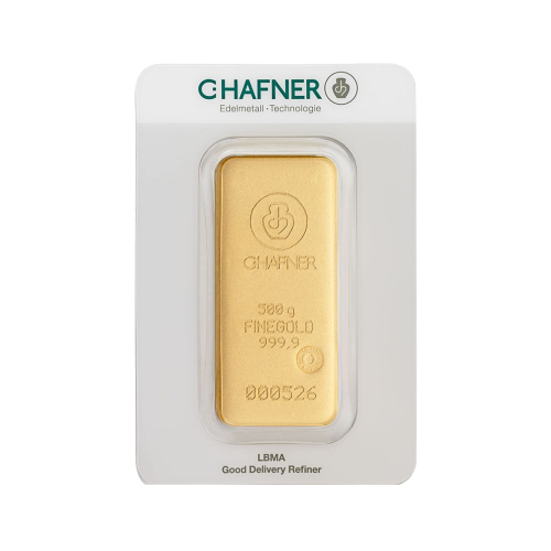 Gold bar 500 grams C. Hafner front