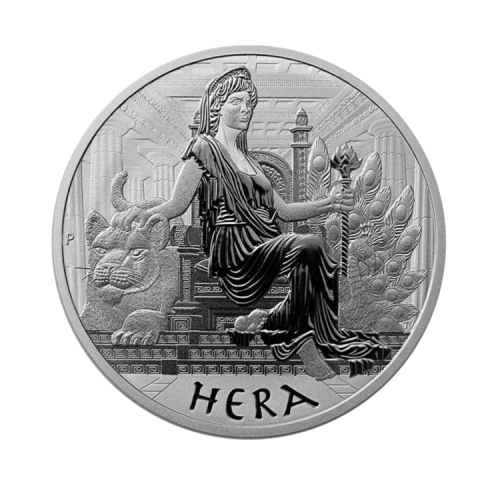 1 troy ounce zilveren munt goden van Olympus Hera 2022 voorkant