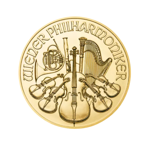 Onbverse 1/10 troy ounce gold Vienna Philharmonic coin