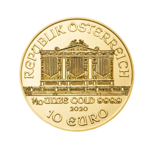 Gouden 1/10 troy ounce Wiener Philharmoniker munt voorkant