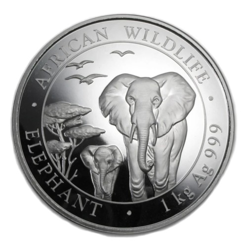 1 kilo zilveren munt Somalische Olifant front