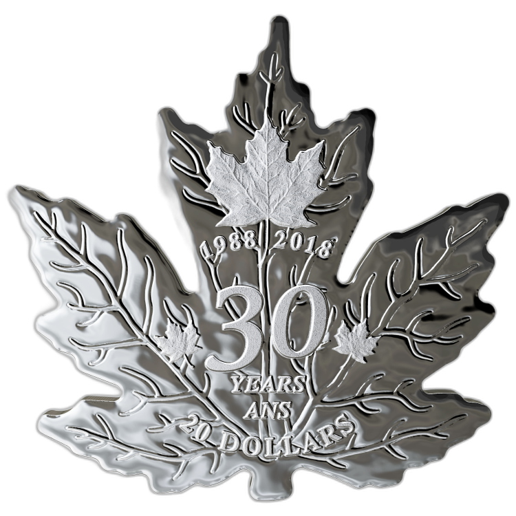 Uitsnede zilveren Maple Leaf esdoornblad 30 Years voorkant