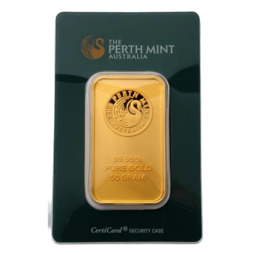 Gold bar 50 grams Perth Mint front