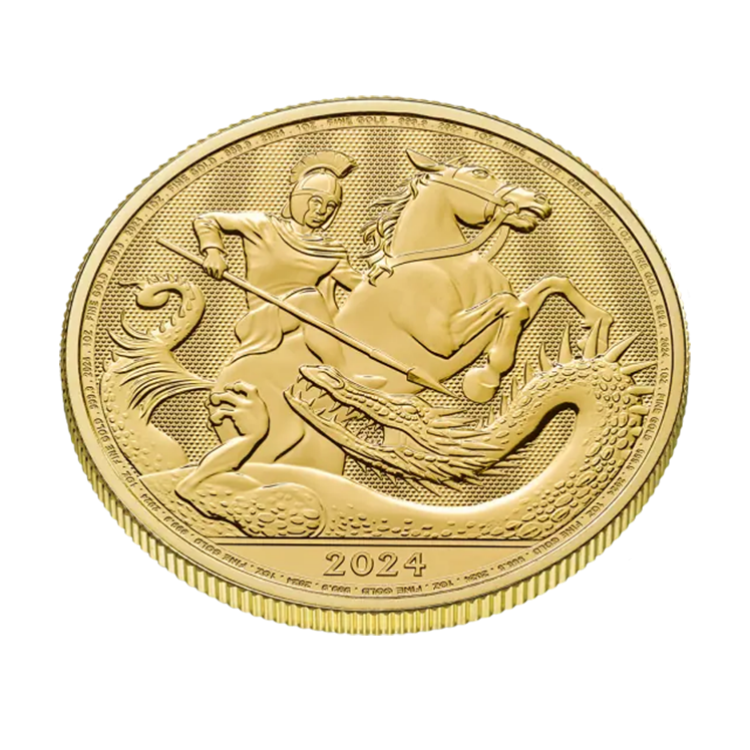 1 troy ounce gouden George and Dragon munt 2024 perspectief 1