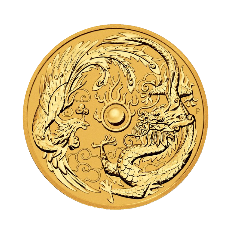 1 Troy ounce gouden munt Dragon Phoenix 2018 voorkant