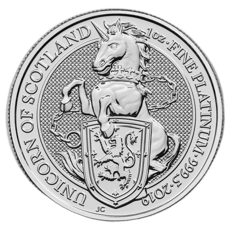 1 Troy ounce platina munt Queens Beasts Unicorn 2019 voorkant