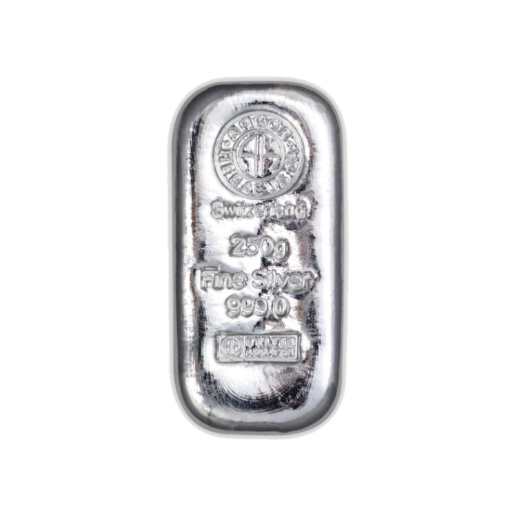 Silver bar 250 grams of various producers front