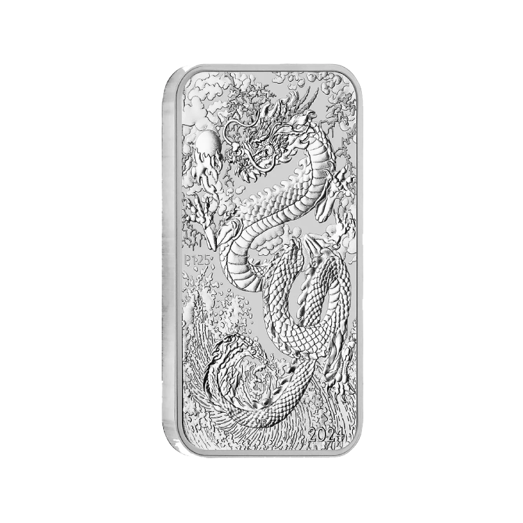 1 troy ounce zilveren muntbaar Rectangular Dragon 2024 perspectief 1