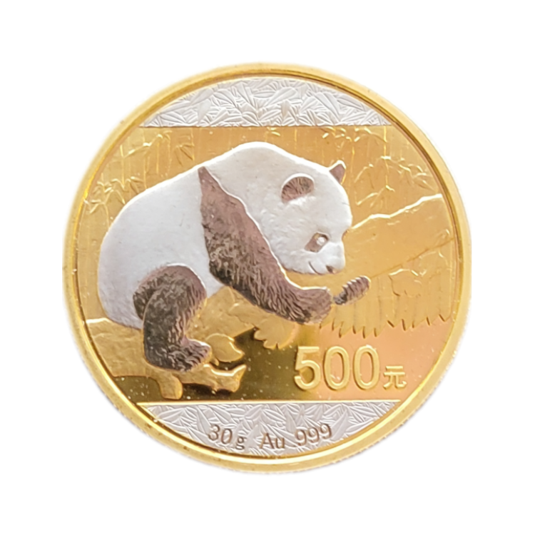 1 troy ounce gouden Panda Double Platinum Edition munt voorkant