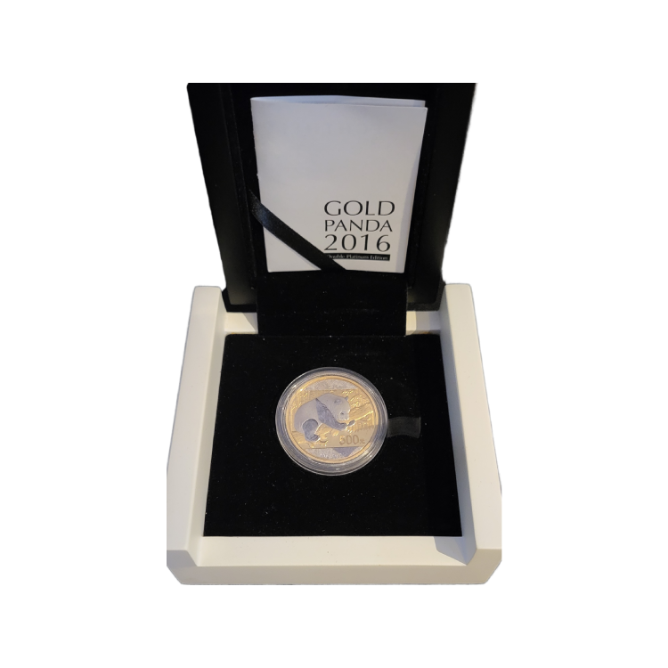 1 troy ounce gouden Panda Double Platinum Edition munt perspectief 1