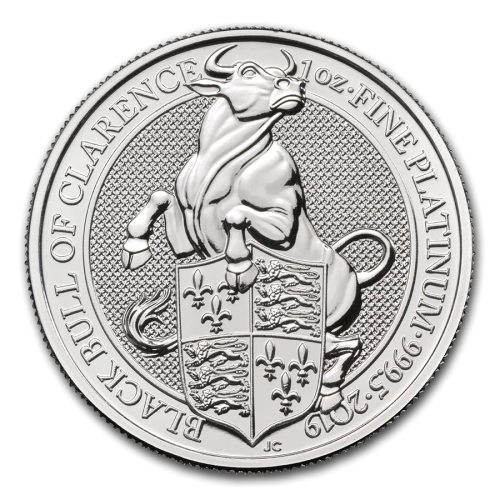 1 Troy ounce platina munt Queens Beasts Black Bull 2019 voorkant