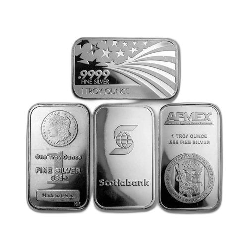 1 troy ounce zilverbaar diverse producenten voorkant