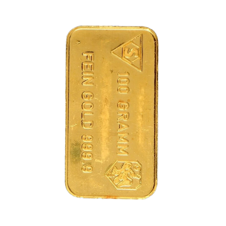 100 Grams 99,99 gold bar various melters front