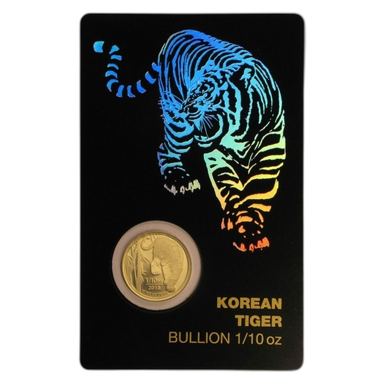 1/10 Troy ounce gouden munt Korean Tiger 2018 in blister voorkant