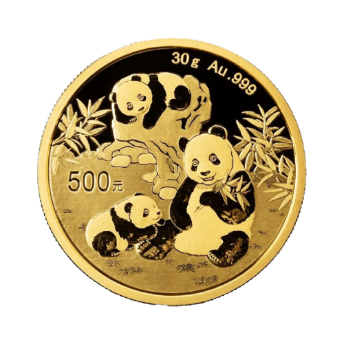 Obverse 30 gram gold Panda coin 2025