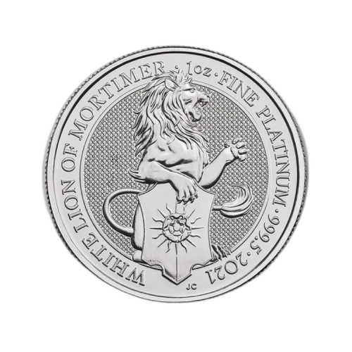 1 troy ounce platina Queens Beasts - White Lion munt 2021 voorkant